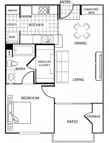 Floor plan for 1 bed, 1 bath, 622 sqft